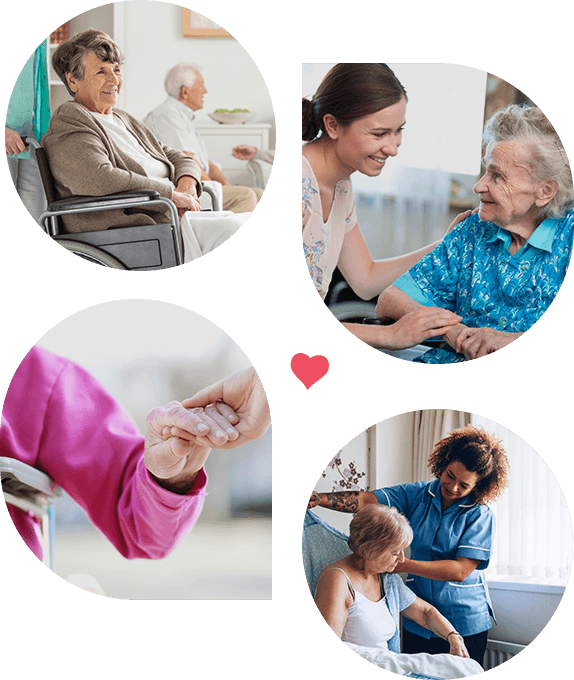 Collage of Seniors at recreation room ,Senior woman smiling at home caregiver ,Home caregiver dressing senior and Senior Lady in Wheelchair Holding Hands