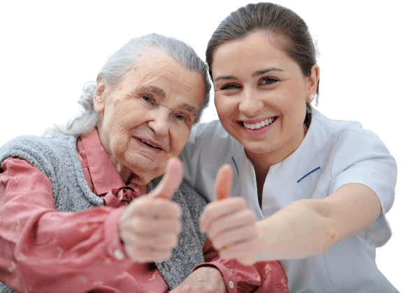 Senior woman and Caregiver thumbs up with a smile