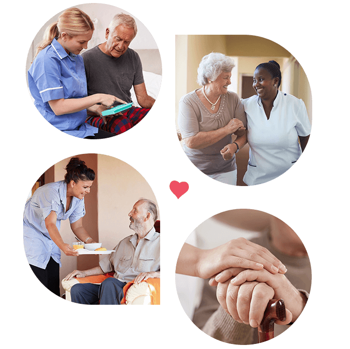 Collage of Caregiver explaining the medicines to patient, Smiling home caregiver and senior woman walking together , caregiver serving the Breakfast to senior man with smile, and Helpful carer and happy old man